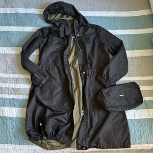 Coatology Reversible Packable Raincoat S Black Olive Hooded Long Anorak Jacket